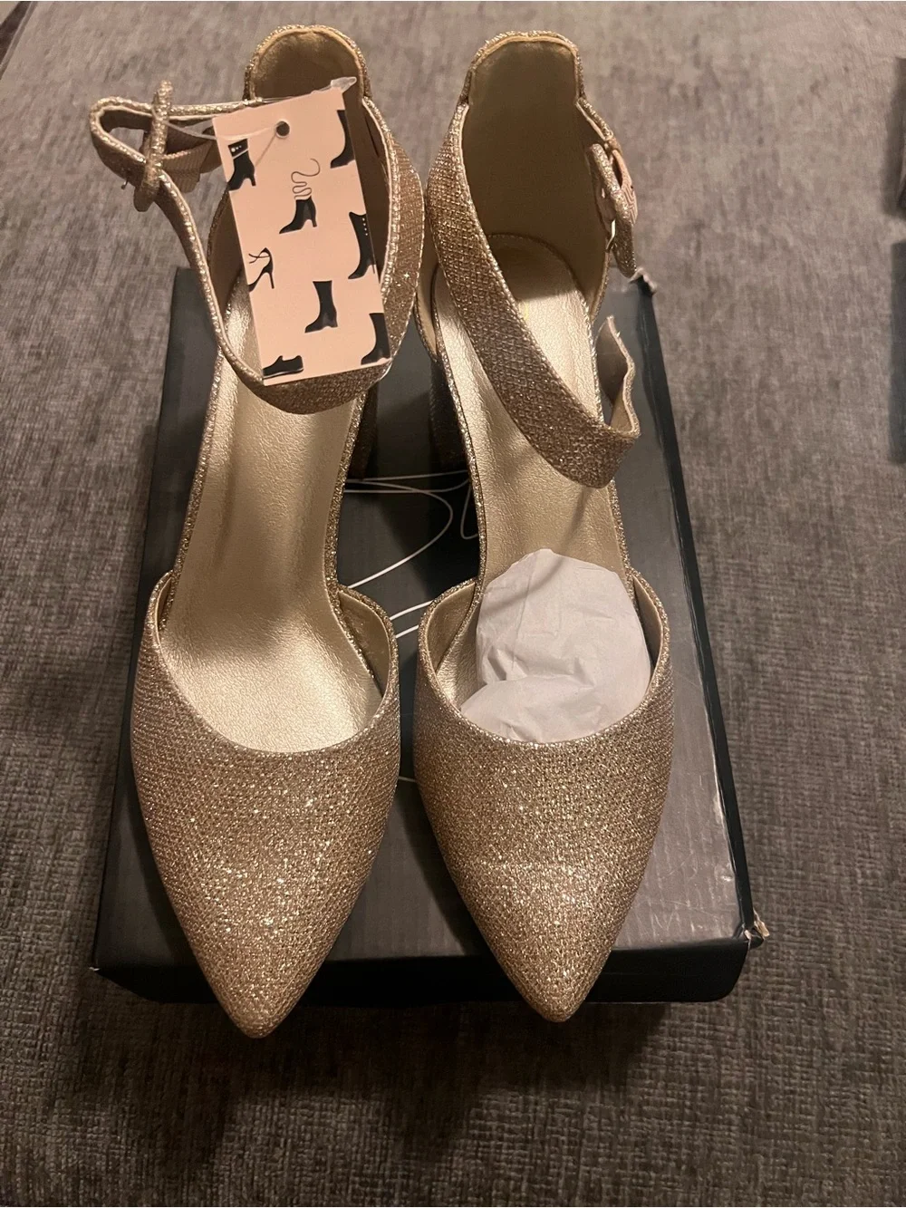 Women's Glitter Pointed-Toe Ankle-Strap Heels in Gold